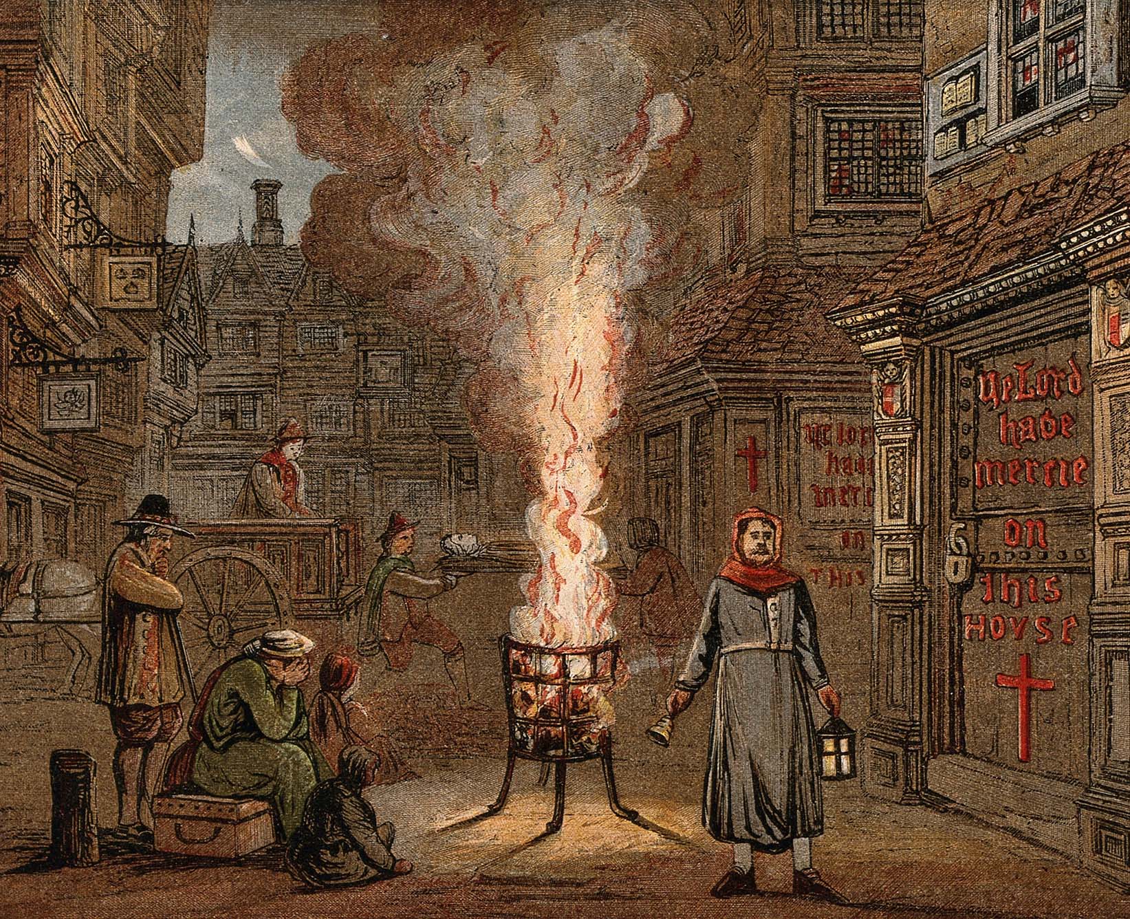 people huddle around a fire during the Great Plague