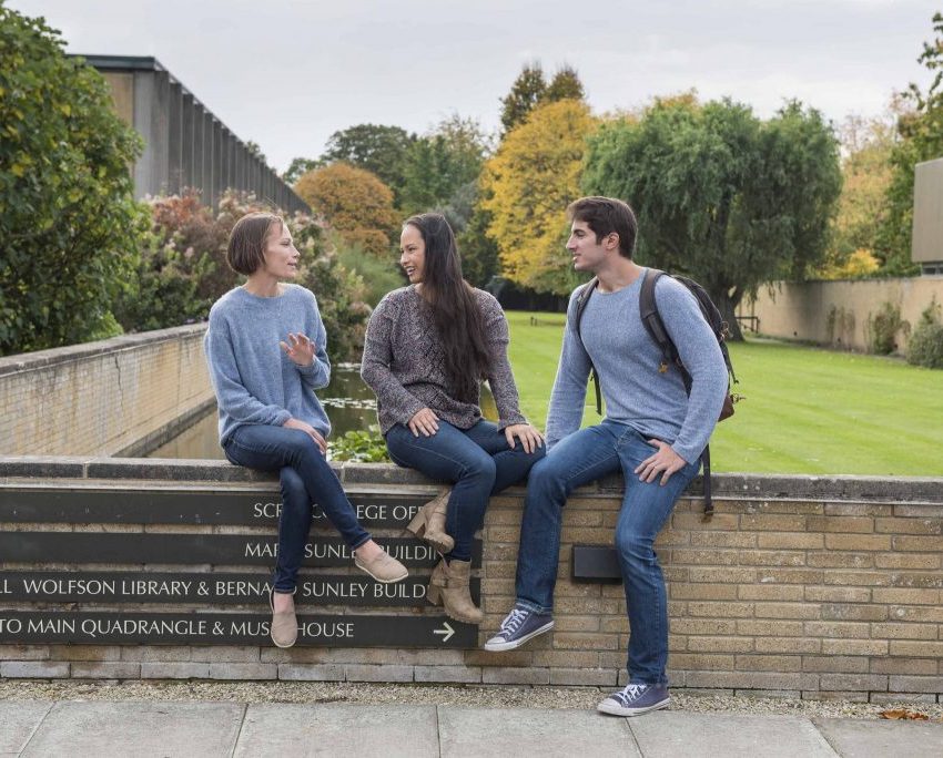 University students talking on a wall with trees in the background