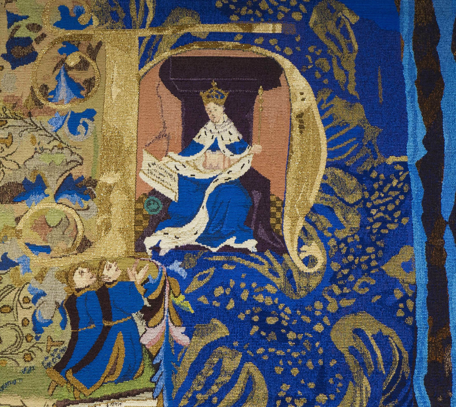 A blue and gold tapestry depicting Henry VI granting rights to liverymen of the Leathersellers