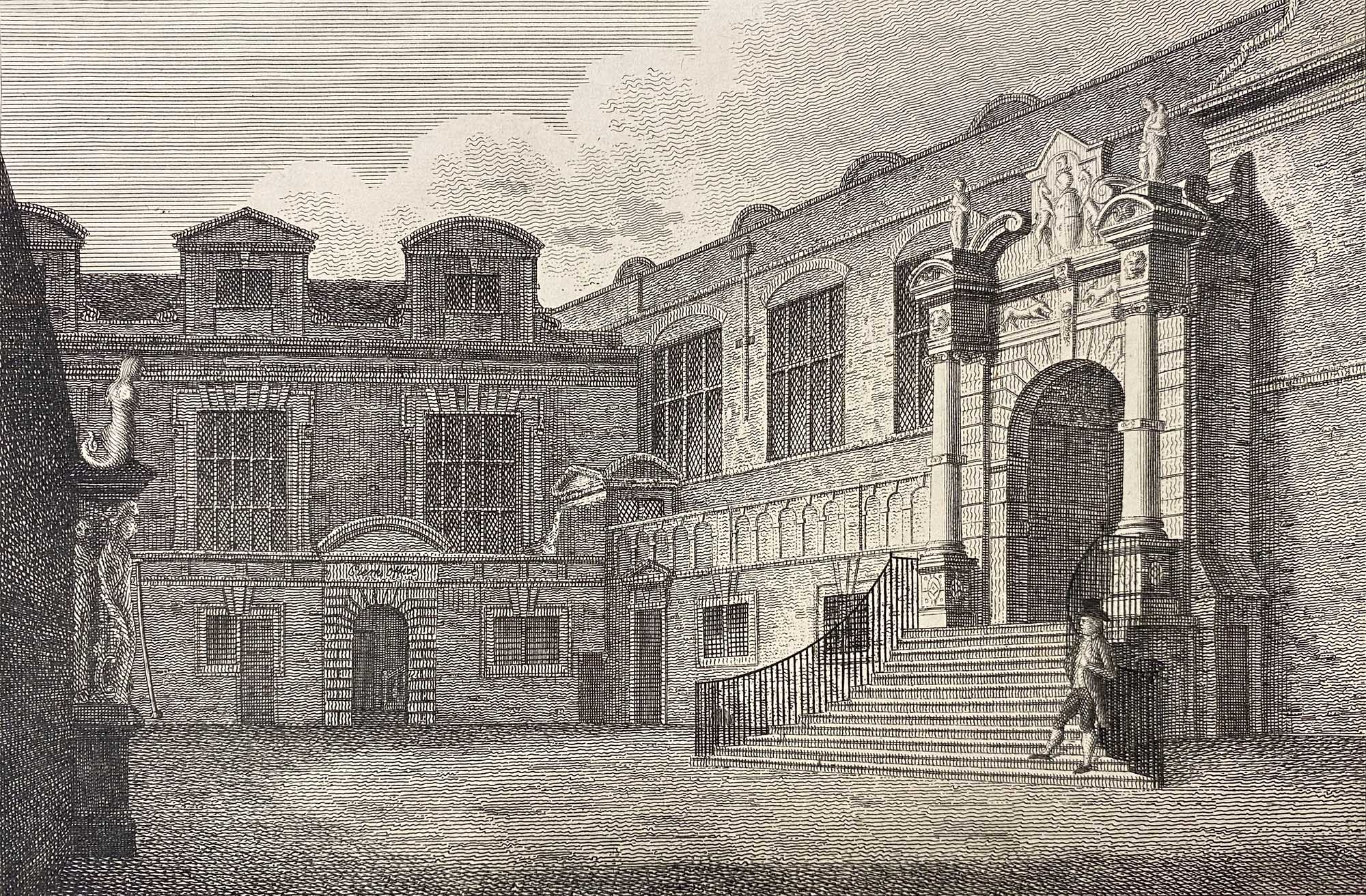 line drawing of a stone building