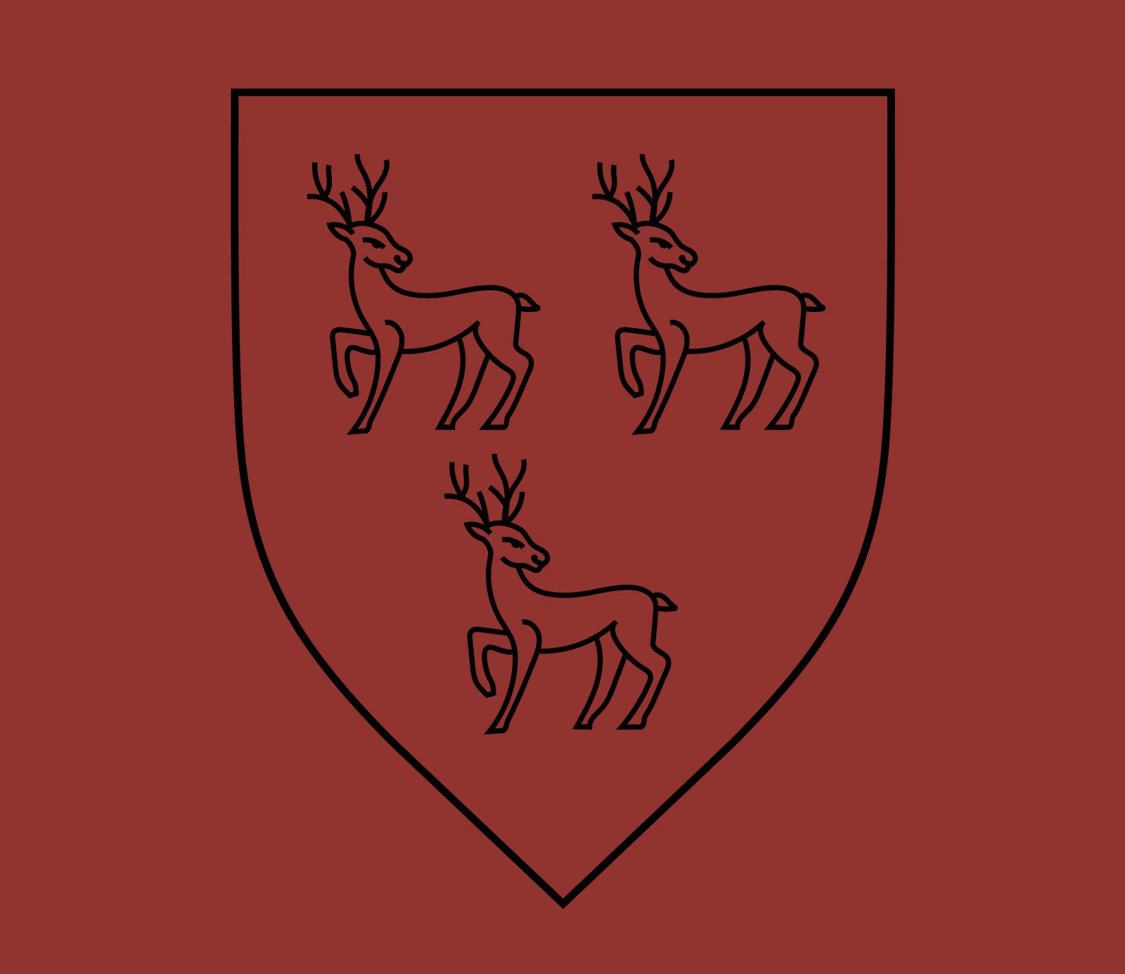 black drawing of a shield and roebucks on a red background