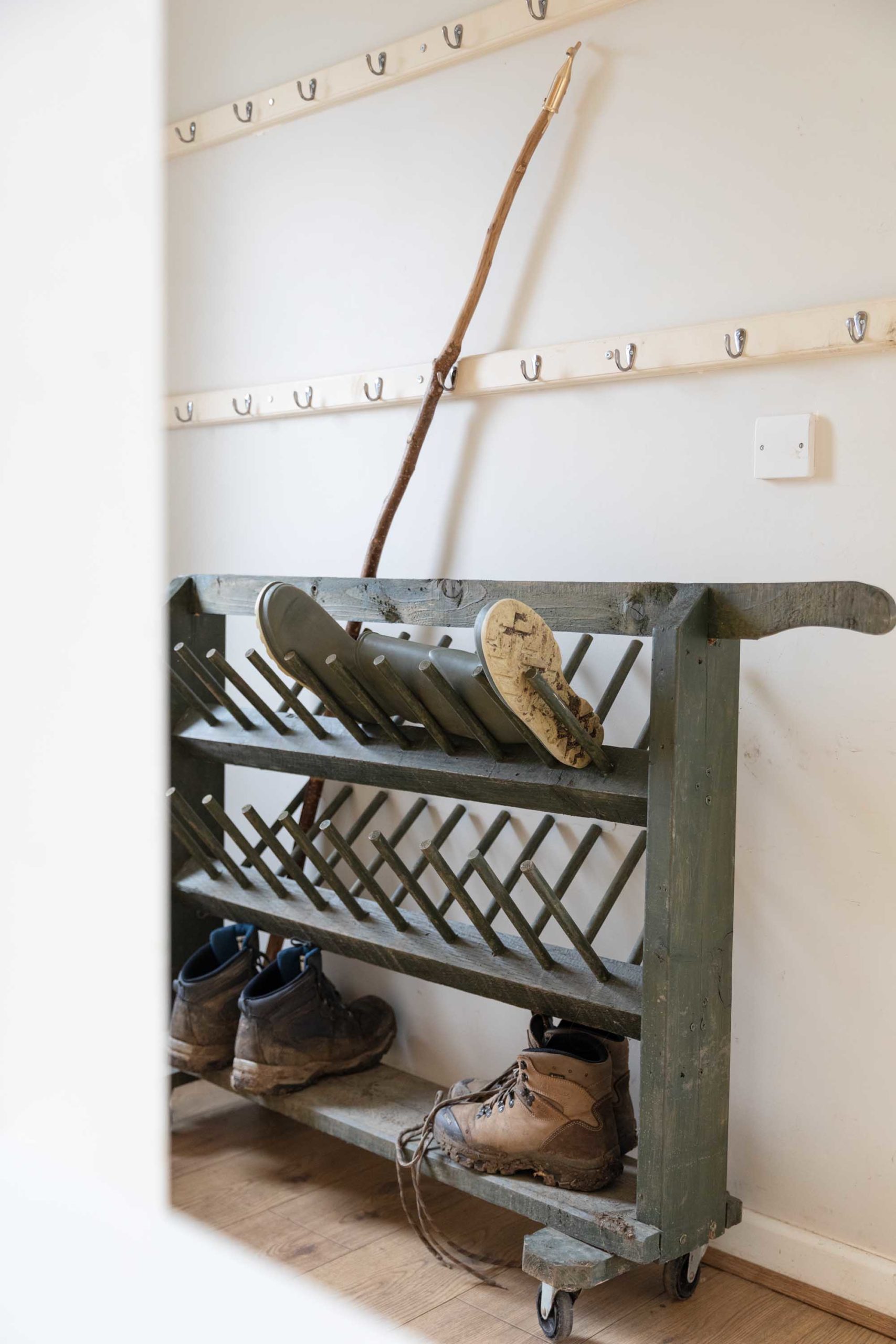 A shoe rack with walking shoes
